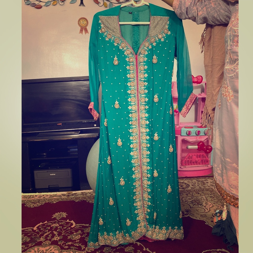 Fully Embellished Turquoise Maxi Gown (3 pieces)